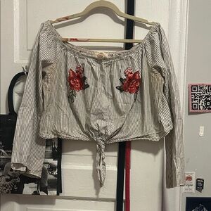 Striped Off-Shoulder Top with Floral Embroidery